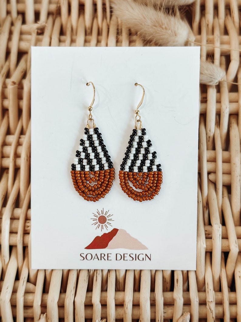 Black White Stripe & Sepia Colorblock Teardrop Earrings
