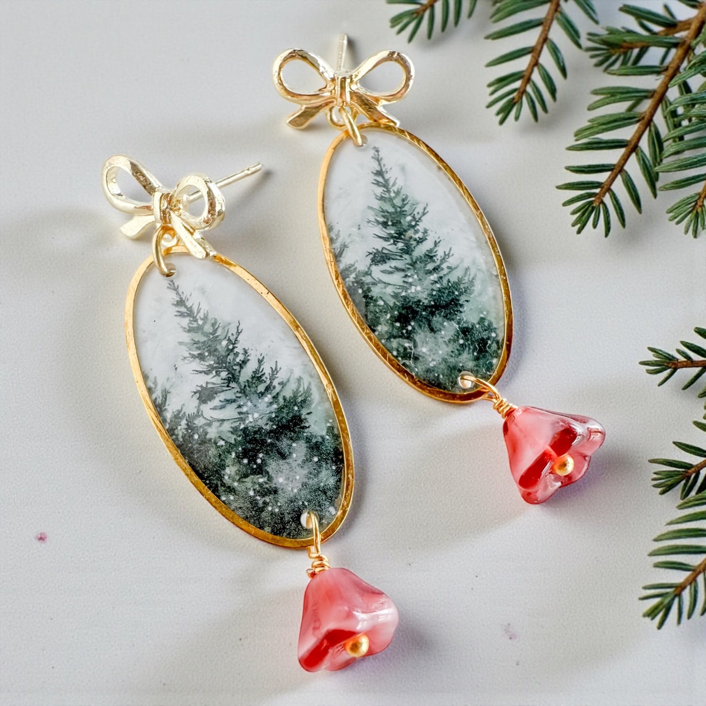 Winter Evergreen Bow Earrings