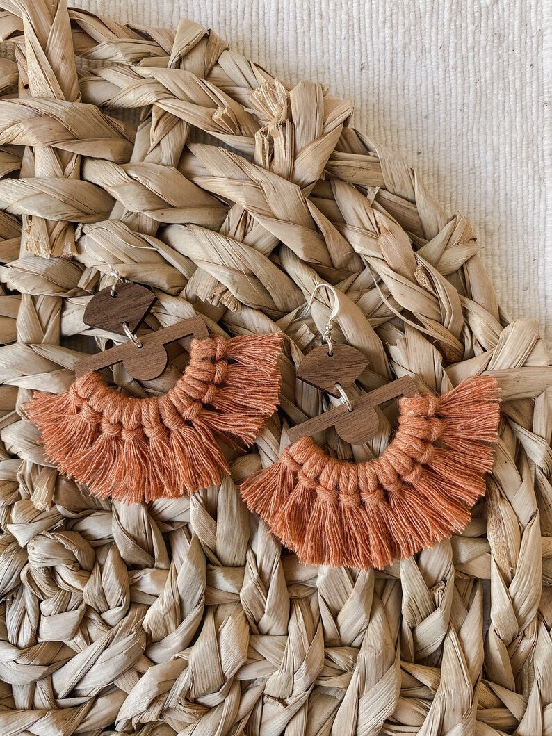 Terra Cotta Macrame Fan Earrings