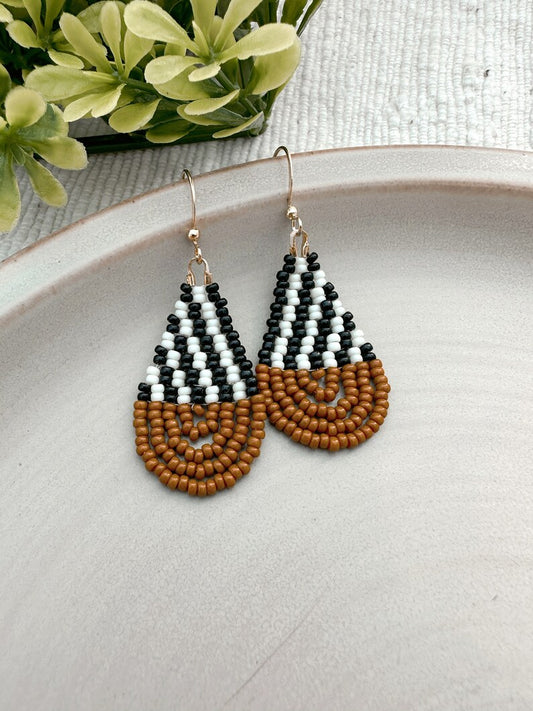 Black White Stripe & Sepia Colorblock Teardrop Earrings