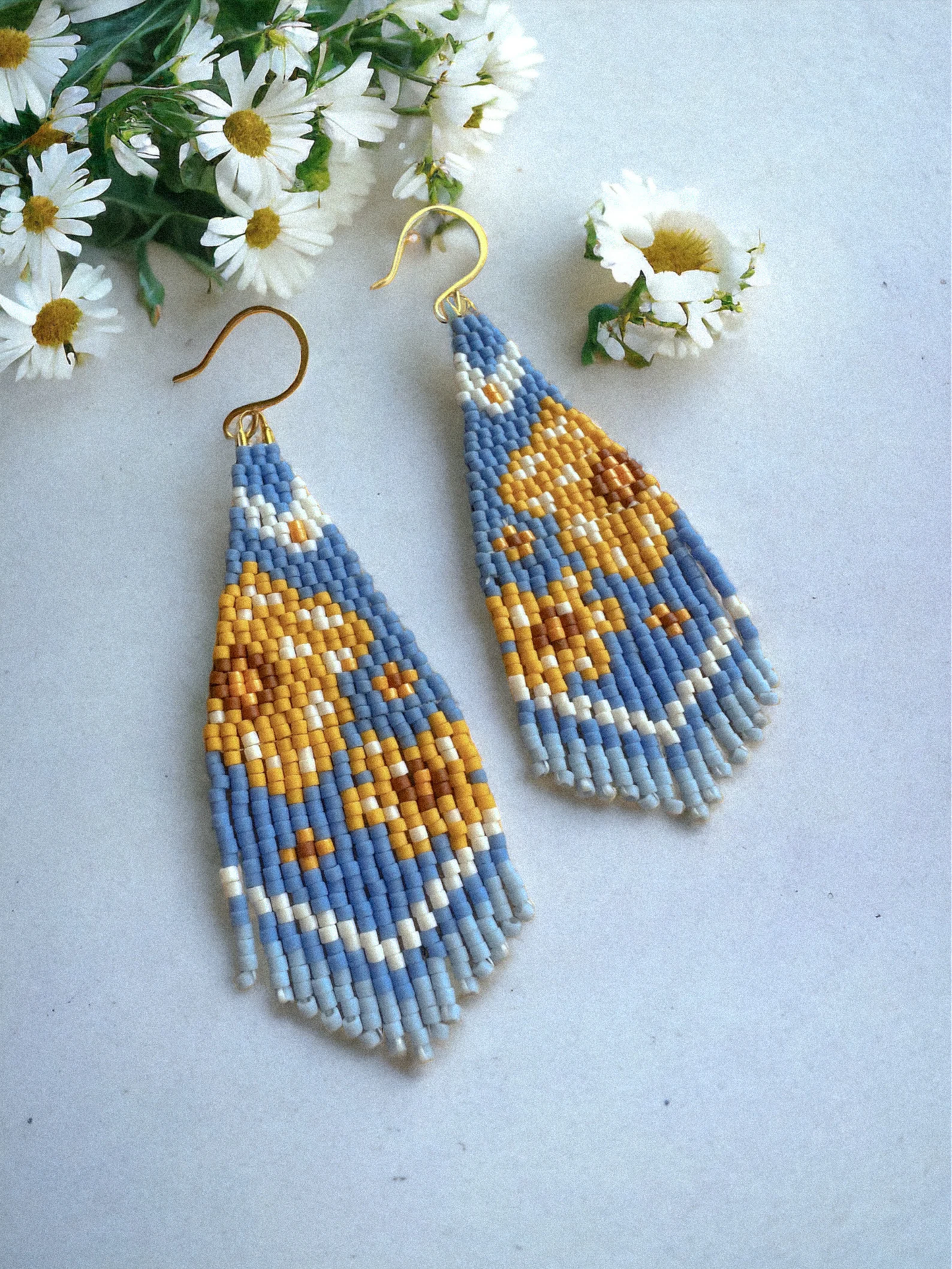 Blue Floral Beaded Earrings