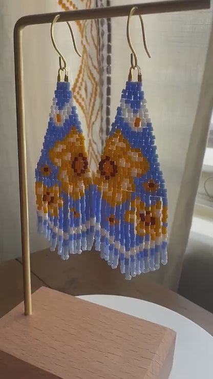 Blue Floral Beaded Earrings